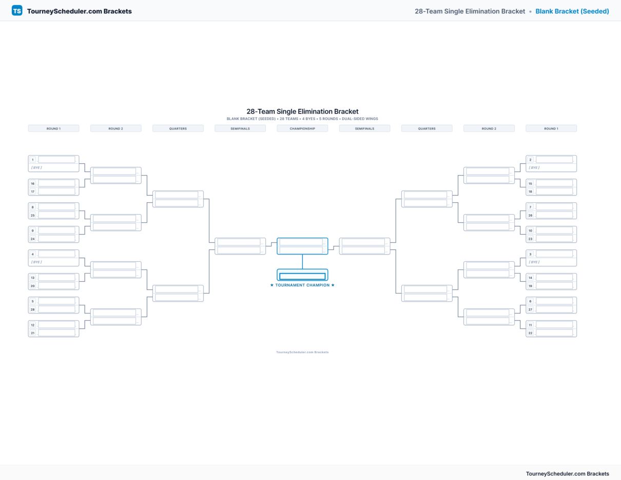 Printable 28-team single elimination bracket with seeded first-round matchups