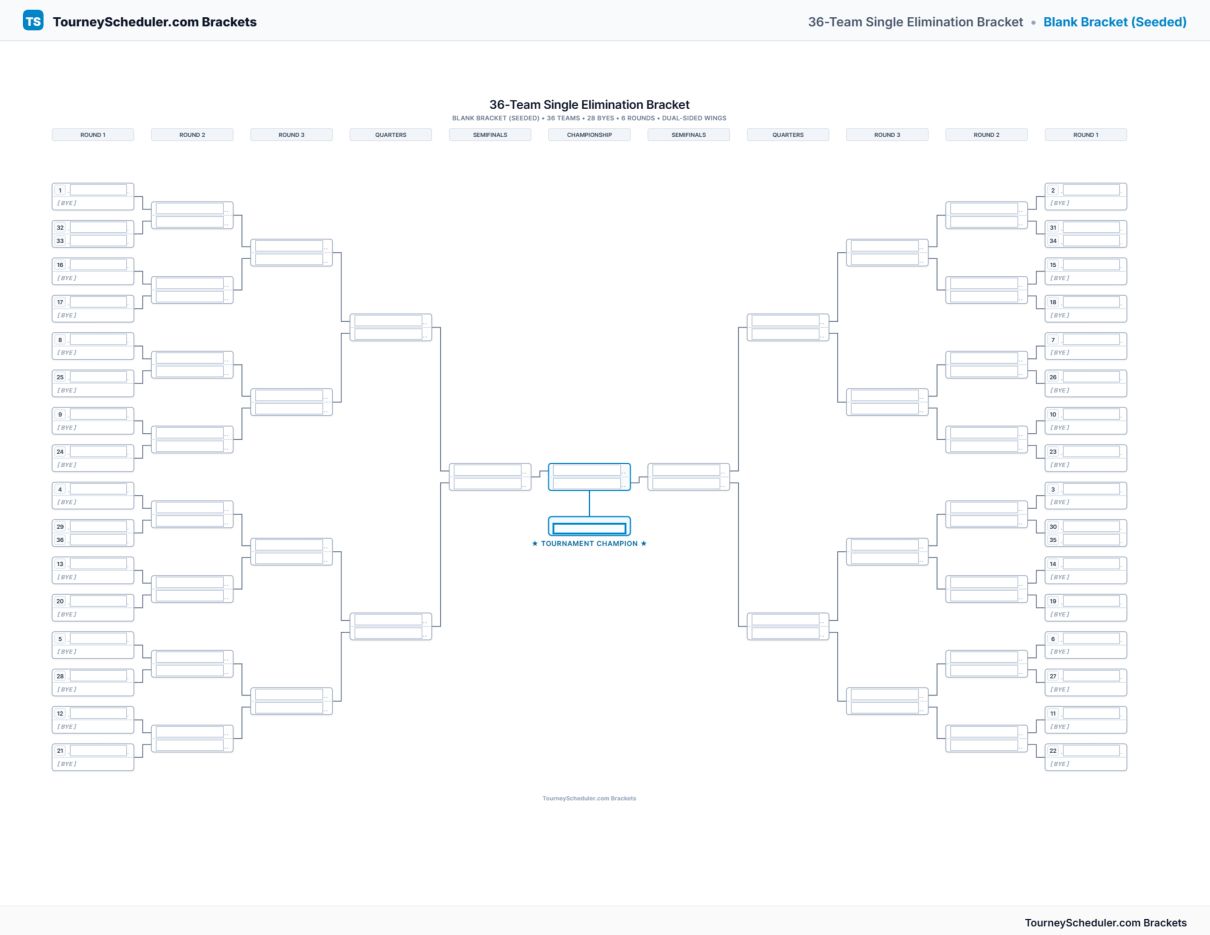 Printable 36-team single elimination bracket with seeded first-round matchups