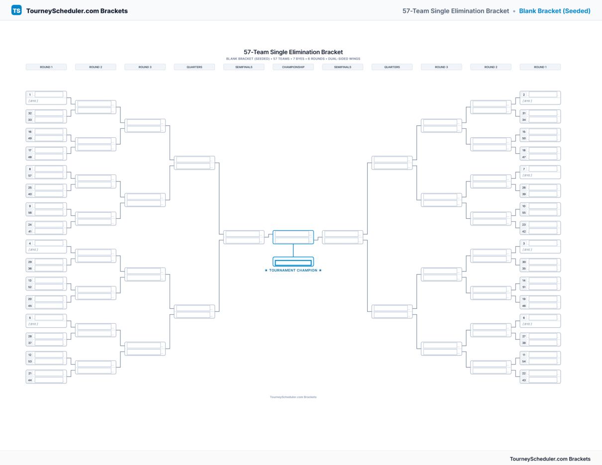 Printable 57-team single elimination bracket with seeded first-round matchups