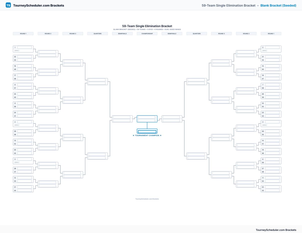 Printable 59-team single elimination bracket with seeded first-round matchups